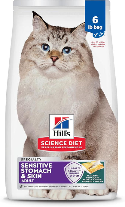 Hill's Science Diet Adult Sensitive Stomach & Skin Dry Cat Food, Pollock Meal & Barley Recipe, 6 lb. Bag (Updated Formula)