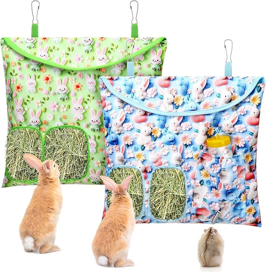 UPINS 2 Pack Hay Bag for Rabbits 2-Hole Hanging Hay Feeder Guinea Pig Hay Bags, Hay Feeder for Rabbits Chinchillas Hamsters Small Pets and Animals
