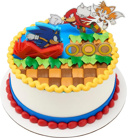 DecoSet Sonic The Hedgehog Cake Topper, 3-Piece Decoration Set With Tails & Knuckles Cake Pic, Rings Cake Pic And Rolling Sonic Action Figurine, For Birthday And Celebrations