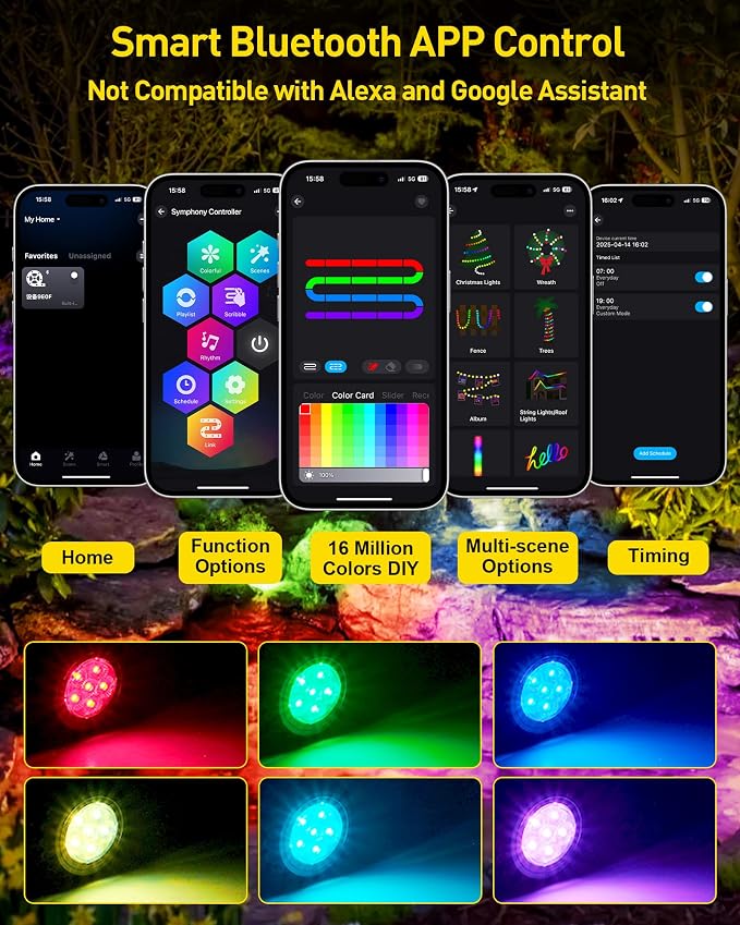 T-SUN Colored Underwater Pond Lights with APP & Remote Control 4 Pack | IP68 Waterproof Submersible Fountain Lights, Dimmable Timer Pond Lights Led Underwater for Outdoor Pond Fish Aquarium Garden