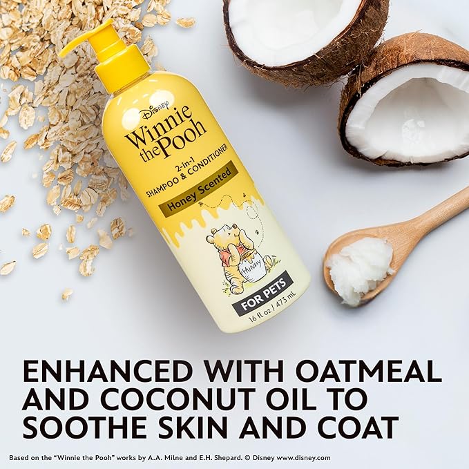 Disney Winnie The Pooh 2-in-1 Dog Shampoo and Conditioner, Honey Scented Shampoo Plus Conditioner for Dogs, Gentle Care with Oatmeal, Baking Soda, Coconut Oil, 16oz