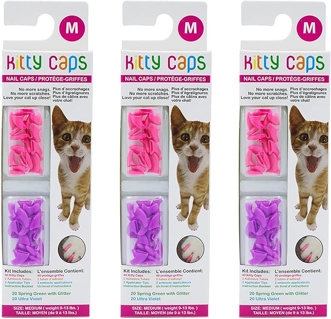 Kitty Caps Nail Caps for Cats, Hot Purple & Hot Pink - Safe, Stylish & Humane Alternative to Declawing Stops Snags & Scratches, Medium (9-13 lbs), 40 Count - 3 Pack