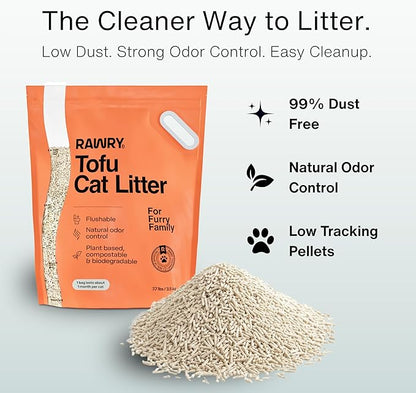 RAWRY Tofu Cat Litter | Clumping, Dust-Free, Unscented, Natural Compostable & Flushable Kitty Litter for Odor Control | 3 Month Supply: 23.1lb