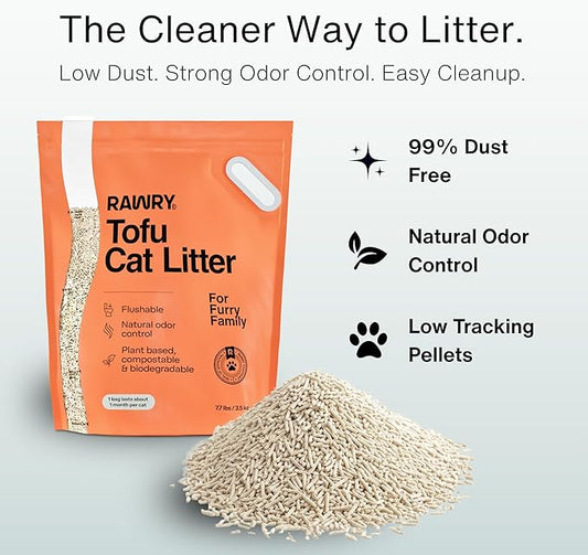 RAWRY Tofu Cat Litter | Clumping, Dust-Free, Unscented, Natural Compostable & Flushable Kitty Litter for Odor Control | 3 Month Supply: 23.1lb