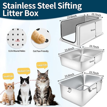 Stainless Steel Cat Litter Box, 23.6" L x 15.7" W x 12" H Extra Large XXL Semi Enclosed Removable Metal Litter Box with High Sided Enclosure, Scoop, Non-Sticky, Easy Cleaning