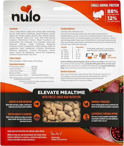 Nulo Freeze-Dried Raw Turkey Recipe with Cranberries Complete and Balanced Dry Dog Food Kibble, 8 Ounce Bag