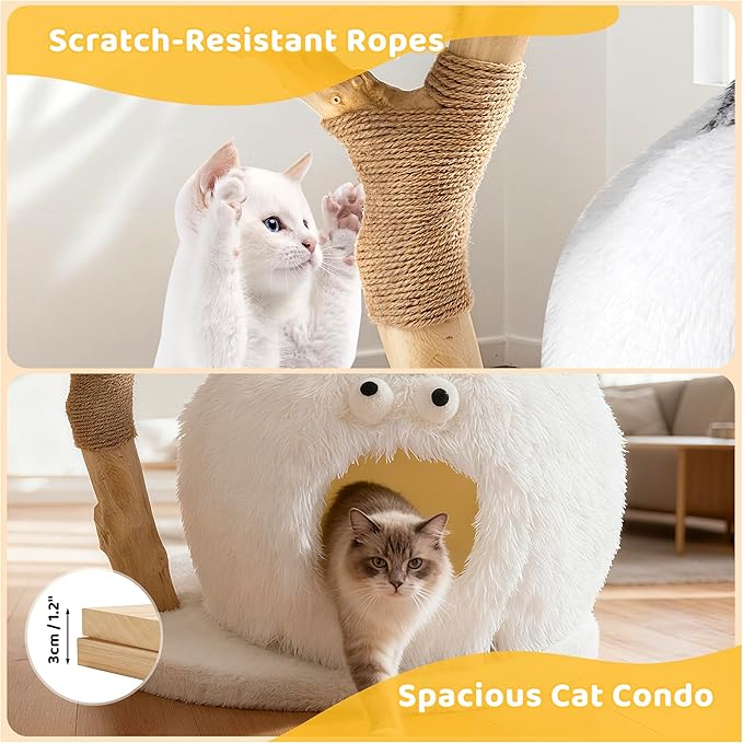 COSIEST 30.7" Modern Cat Tree for Indoor Cats, Sturdy Cat Tower with Scratching Post, Hanging Balls & MGO Trunks, Cat Condo with Woven Basket, Cute Aesthetic Cat Tree for Cats & Kittens, White