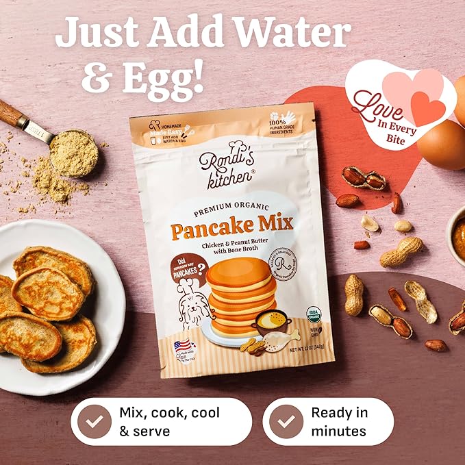 Rondi's Kitchen Organic Dog Pancake Mix - Natural Healthy Treat for All Dogs - Superfood Snack Made with Human-Grade Ingredients - Makes About 38 Pancakes - Chicken & Peanut Butter with Bone Broth