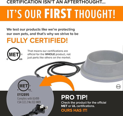 K&H Pet Products Thermal-Bowl Heated Water Bowl for Cats & Dogs Outside, Safety Listed Outdoor Heated Dog Dish for Pets, Automatic No Freeze, Anti Chew Cord - 32 Ounces Gray 12W