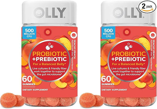 OLLY Probiotic + Prebiotic Gummy,Digestive Support and Gut Health,500 Million CFUs,Fiber,Adult Chewable Supplement for Men and Women,Peach,60 Day Supply -,60 Count (Pack of 2)