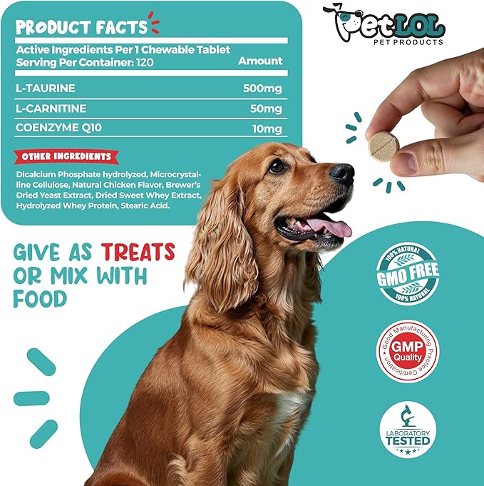 Taurine Supplement for Dogs with L-Carnitine and Coenzyme Q10 (CoQ10): Vet Endorsed for Enlarged Heart (DCM), Congestive Heart Failure, Taurine Deficiency: 3-in-1 | Dog Supplements- 120ct