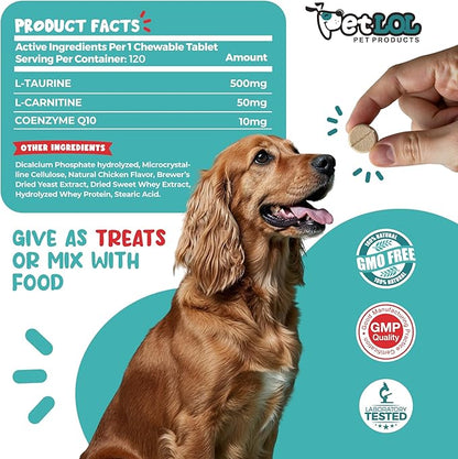Taurine Supplement for Dogs with L-Carnitine and Coenzyme Q10 (CoQ10): Vet Endorsed for Enlarged Heart (DCM), Congestive Heart Failure, Taurine Deficiency: 3-in-1 | Dog Supplements- 120ct