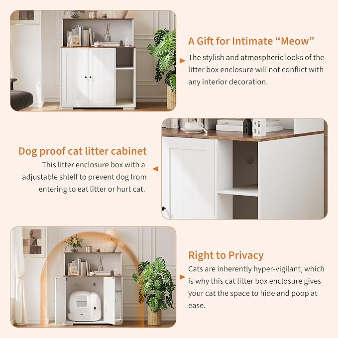 Large Cat Litter Enclosure with Litter Collector, Enclosure for Self-Cleaning Litter Boxes,Adjustable Shelf for Dog Proof,Charging Station, Large Hidden Litter Box for Cat, Cat House
