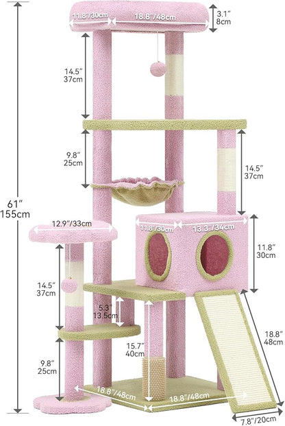 YITAHOME 61" Flower Cat Tree, Cat Tree Cute with Large Metal Frame Hammock, Silicone Tickling Column, Cat Scratched Board, 3 Sisal Scratching Posts, Aesthetic Cat Tower with Condo and Perches