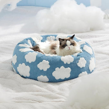 Lesure Shown on TV Donut Cat Beds for Indoor Cats - Small Round Dog Bed for Calming Pets as Gift with Washable Cover, Cute Modern Puppy Bed with Jacquard Shaggy Plush & Anti Slip Bottom, 20 Inch, Blue