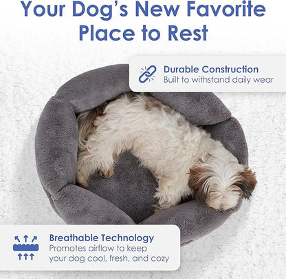 American Kennel Club Round Plush Dog Bed - 20" Cozy Donut Design for Small Pets, Ultra-Soft Washable Pet Bed with Non-Slip Bottom, Durable High-Loft Filling, Gray