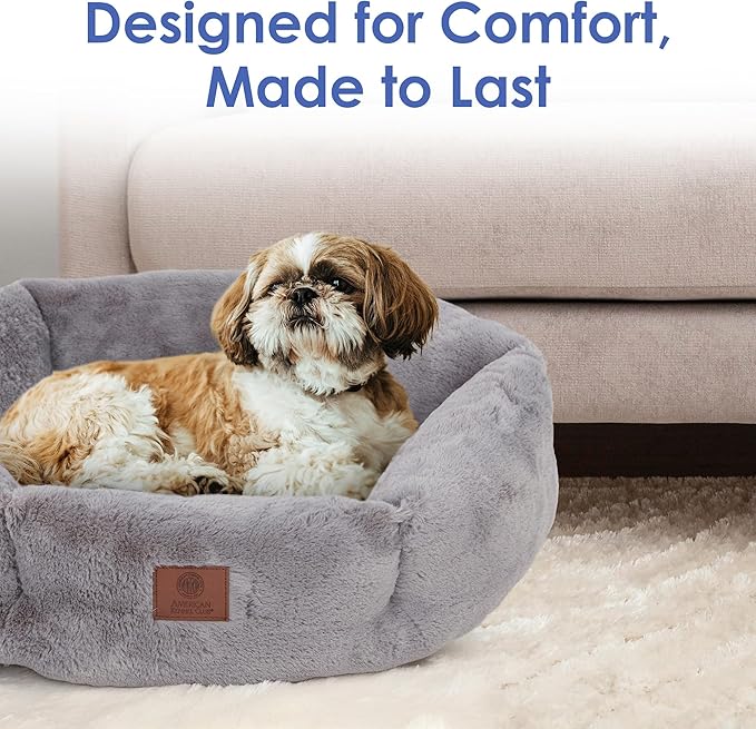 American Kennel Club Round Plush Dog Bed - 20" Cozy Donut Design for Small Pets, Ultra-Soft Washable Pet Bed with Non-Slip Bottom, Durable High-Loft Filling, Gray