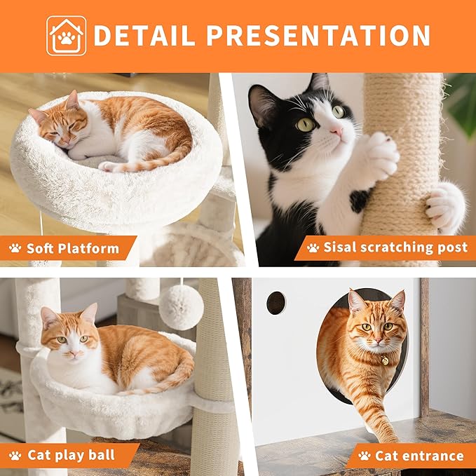 Cat Litter Box Enclosure with Tree Tower and Condo, Hidden Pet Washroom Furniture with Sisal Scratching Post,Hammocks and Soft Plush Perch, Wooden Cat Furniture with Multiple Platforms,Rustic Brown