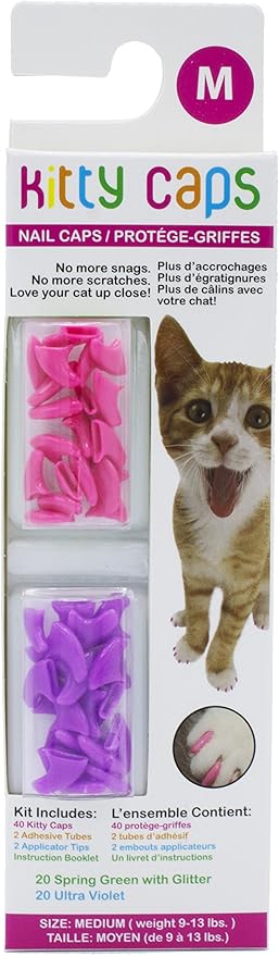 Kitty Caps Nail Caps for Cats, Hot Purple & Hot Pink - Safe, Stylish & Humane Alternative to Declawing Stops Snags & Scratches, Medium (9-13 lbs), 40 Count