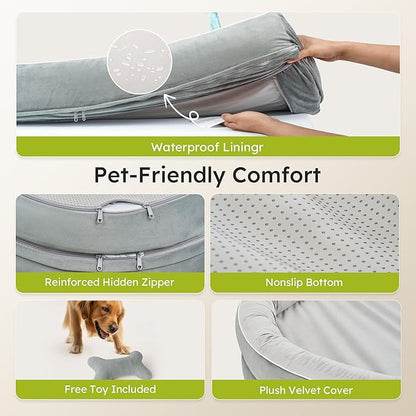 CWAWZ Large Orthopedic Dog Bed, 36 in. Dog Bed for Large Sized Dogs with Full-Surround Bolsters, Dual-Sided Dog Cooling Beds with Memory Foam, Washable Pet Sofa Couch with Nonslip Bottom, Light Grey