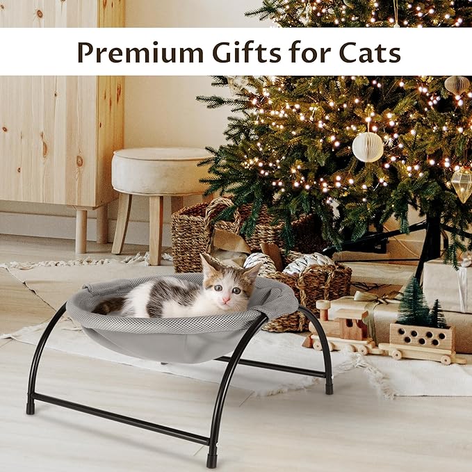 Elevated Cat Hammock Bed - Breathable Mesh & Powder-Coated Steel Frame, Detachable Machine Washable Pet Bed with Anti-Slip Pads, Indoor/Outdoor Use, Easy Tool-Free Assembly