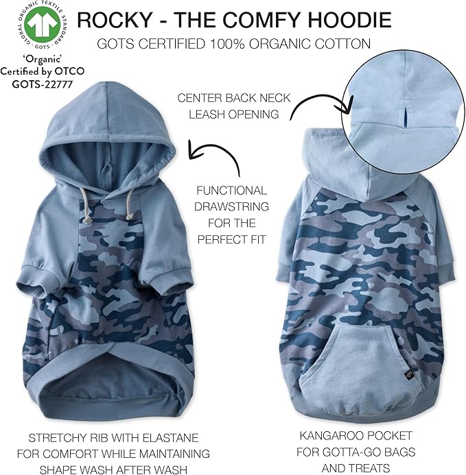 Pet Passion Rocky – The Original Lightweight Hooded Tee 100% Organic Cotton Dog Hoodie Pet Coat Sweater for All Sized Dogs, Original Navy Half Camo, X-Large (55-80 lbs)