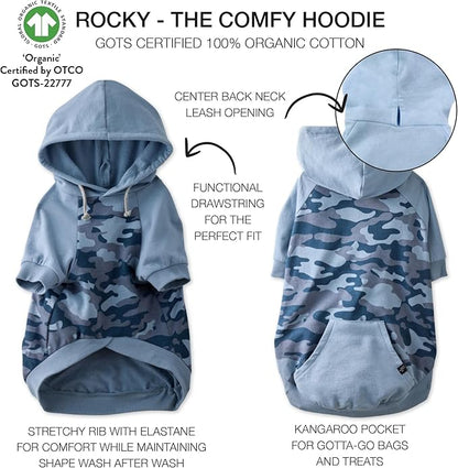 Pet Passion Rocky – The Original Lightweight Hooded Tee 100% Organic Cotton Dog Hoodie Pet Coat Sweater for All Sized Dogs, Original Navy Half Camo, X-Large (55-80 lbs)
