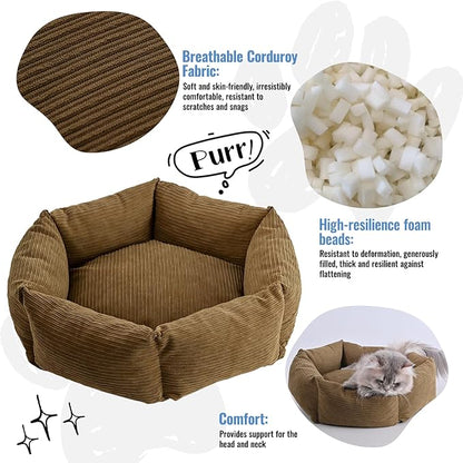 All-Season Stain Resistance Cat Dog Bed,Round Donut Pet Bed,Cord Washable Cat and Dog Beds with Removable Cover,Kitten Bed with Anti-Slip Bottom,Brown,21.6 * 5.9"