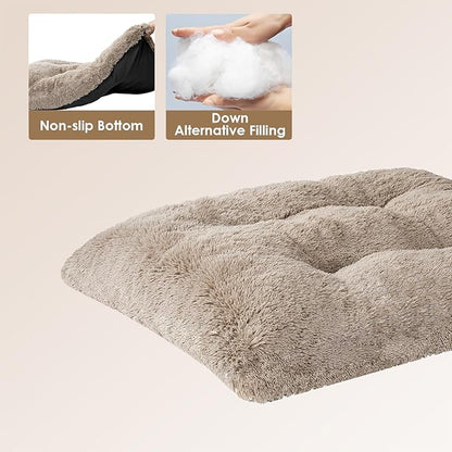 EHEYCIGA Fluffy Dog Crate Bed for Medium Dogs, Plush Faux Fur Pet Crate Pad, Calming Anti Anxiety Medium Pet Bed, Washable Soft Warm Dog Mat with Non-Slip Bottom, Taupe