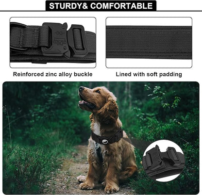 Tactical AirTag Dog Collar Leash Set - Heavy Duty, Adjustable GPS Collar | Compatible with Apple AirTag, with Holder & Control Handle for Medium/Large Dogs [ Black, M ]