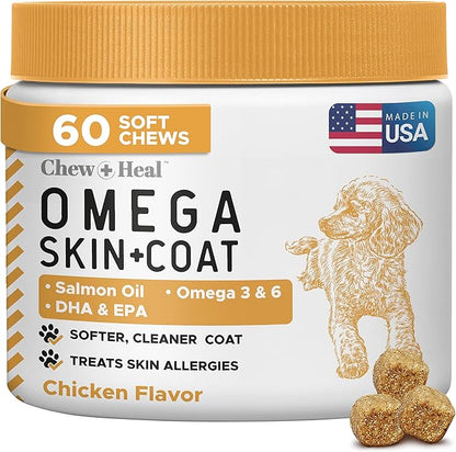 Salmon Oil for Dogs -60 Soft Chew Omega Treats Skin and Coat Supplement for Dogs -Fish Oil Blend of Fatty Acids, Omega 3 and 6, Vitamins, Antioxidants, Minerals -Made in USA