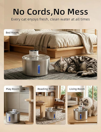 Cat Water Fountain Stainless Steel,135 Fl Oz/4L Wireless Automatic Cat Water Dispenser,5000mAh Battery Powered,for Cats & Dogs Indoor (Cat Fountain + 7 Set Filter)