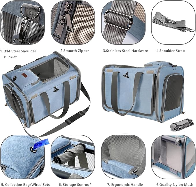 Small Dogs Carriers Soft Airline Approved Cats Carrier for Puppy Travel Bag Softsides Puppy Carry,Soft-Sided,Pets Small Animals Rabbits Bunny Outdoor (Blue2)