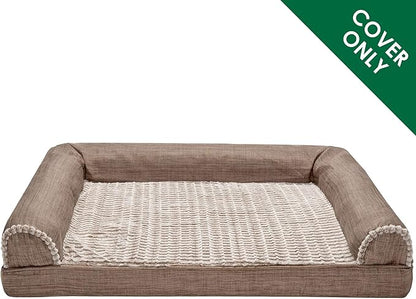 Furhaven Replacement Dog Bed Cover Luxe Faux Fur & Performance Linen Sofa-Style, Machine Washable - Woodsmoke, Large