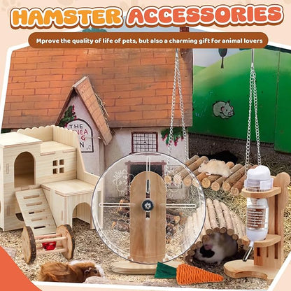 18 Pcs Hamster Toys Set, 10 Kinds Small Animal Chewing Toys, Maze Wood House, Silent Exercise Running Wheels and Water Bottle Set for Hamster Habitat Rat Cage Accessories(Mixed Play Style)