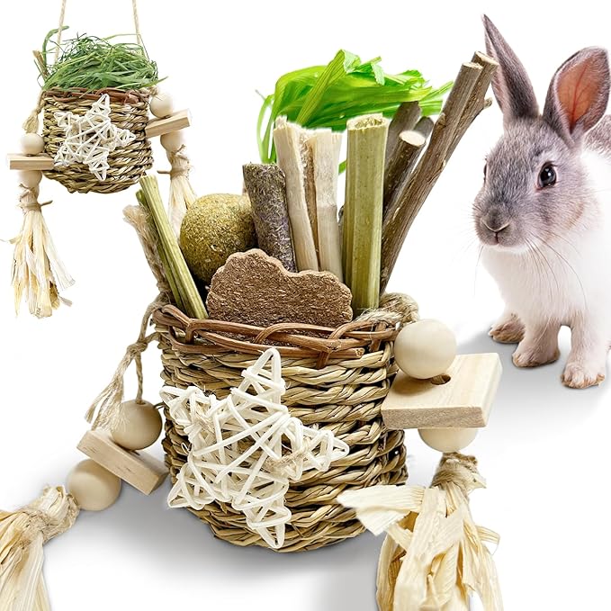 26Pcs Bunny Toys Basket for Small Pets, with 14Pcs Replacement Rabbit Toys for Bunnies Boredom Set Hanging Rodent Dental Toy with Papaya Stems Sweet Bamboo Hamsters, Chinchillas, Guinea Pigs
