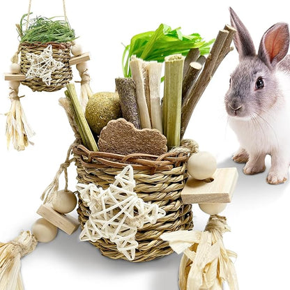 26Pcs Bunny Toys Basket for Small Pets, with 14Pcs Replacement Rabbit Toys for Bunnies Boredom Set Hanging Rodent Dental Toy with Papaya Stems Sweet Bamboo Hamsters, Chinchillas, Guinea Pigs