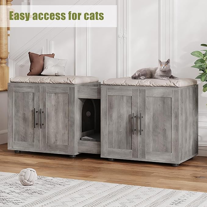 GAOMON Litter Box Enclosure with Double Cage, Cat House,Hidden Litter Box Enclosure Furniture for 2 Cats, Wooden Enclosed Cat Litter Box Furniture,55”L x 17.7”W x 22.5”H, Grey