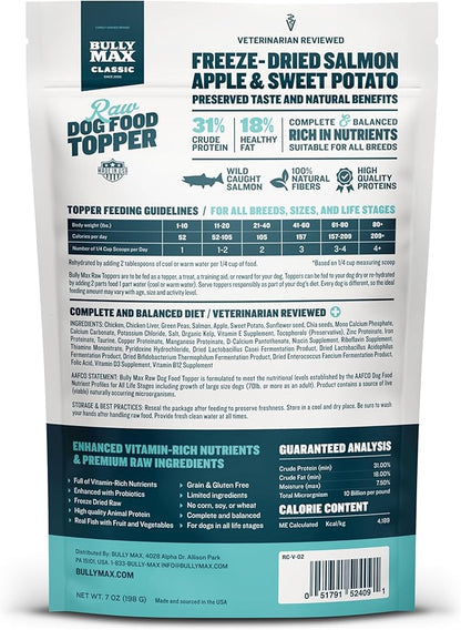 Bully Max Freeze-Dried Raw Dog Food Toppers for Puppies & Adult Dogs - Salmon with Real Fruits & Veggies - Meal Enhancers with Vitamins & Minerals - Feed as Puppy Treat or Dog Meal - 3 Pack