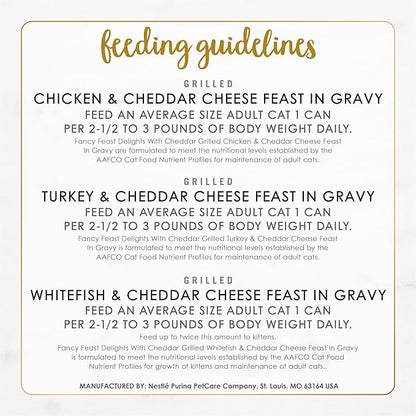 Purina Fancy Feast Delights with Cheddar Grilled Chicken, Turkey or Whitefish and Cheddar Cheese Feast in Gravy Wet Cat Food Variety Pack - (Pack of 24) 3 oz. Cans