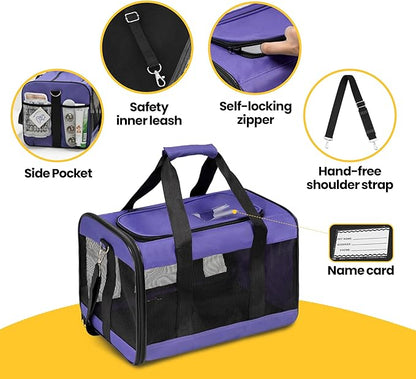 Conlun Cat Carrier Airline Approved, Soft-Sided Dog Carrier with Inner Safety Leash, Pet Transport Carrier for Small-Medium Cats Puppies up to 15 Lbs, Collapsible Travel Kitten Carrier Bag -Purple M