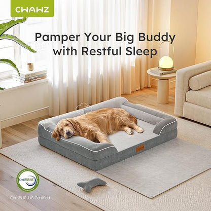 CWAWZ Dog Beds for Large Dogs, Orthopedic Pet Bed with Cooling Gel Memory Foam, Waterproof Large Dog Beds with Removable Washable Cover, 36" Pet Sofa Dutch Velvet with Blanket Bone Toy, Light Gray