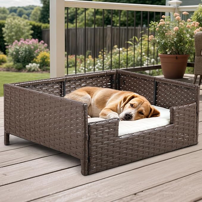 DWVO Rattan Dog House Outdoor Indoor with Cushion, Wicker Dog Sofa Bed for Small, Medium, and Large Dogs, 24.8''L*19.7''W*9.8''H, Beige