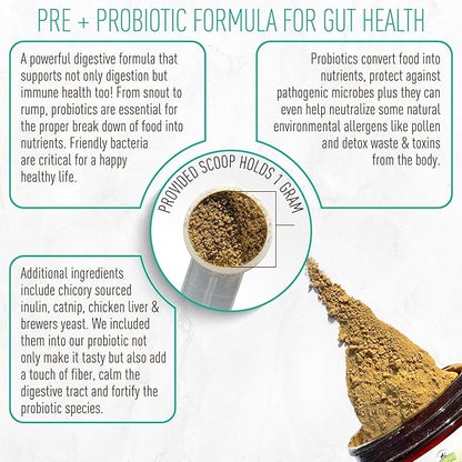 Strawfield Pets' Pre + Probiotic Powder for Cats with Catnip Probiotic for Cats Constipation, Diarrhea, Digestion Relief Immune Support Supplement Natural Chicken Liver Flavor 120 Grams / 120 Scoops