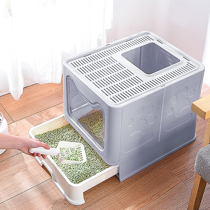 Panghuhu88 Foldable Cat Litter Box with Lid, Large Top Entry Toilet, Enclosed Potty Include Litter Scoop, Drawer Type Easy Clean Litter Pan (Grey, 20" L x 16" W x 15" H)