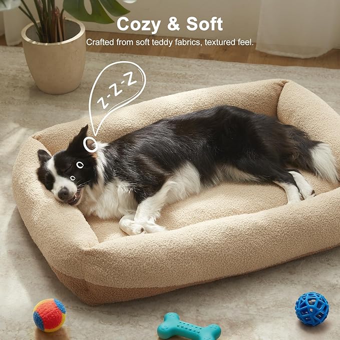 FURTIME Washable Dog Bed Medium Large Size Dogs, Rectangle Comfy Fluffy Pet Bed, Removable Zipper Cover Machine Wash, Soft Orthopedic Bed Durable Pet Cuddler with Anti-Slip Bottom,30"x24"x8",Beige