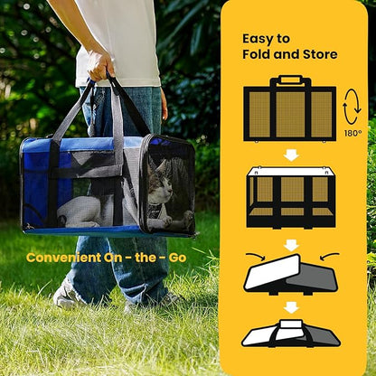 Conlun Cat Carrier Bag,Soft-Sided Pet Carriers for Dogs with 4-Sided Mesh,Airline Approved Cat Transport Carrier for Small&Medium Cats Kitten Puppy Up to 15LB,Collapsible Cat Travel Carrier-M,Blue