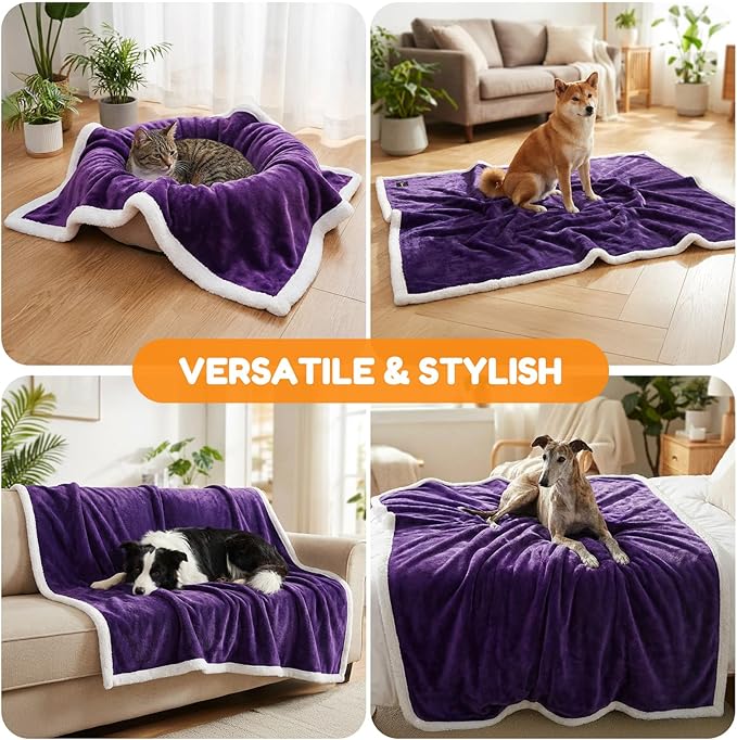 Waterproof Dog Blanket for Couch – Double Sided Washable Cat Puppy Blanket, Durable Furniture Protector for Dogs and Cats, Purple White L(60×50)"