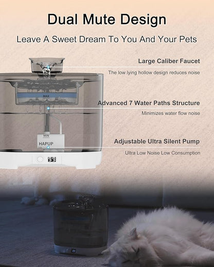 HAPUP Battery Operated Cat Water Fountain Battery Operated Cat Fountain Cordless Pet Water Fountain for Cats Quiet Cat Fountains for Drinking with Sensor 73OZ by Charging Base Filters