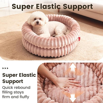 Cat Beds for Indoor Cats, Machine Washable Orthopedic Donut Dog Bed for Small Dogs, Fluffy Warm Thermal Round Pet Bed with Anti-Slip Bottom for Puppy and Kitten, Dark Pink, 20"x20"x6.5"